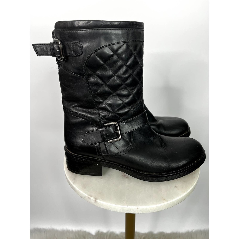 Aquatalia Black Lynn Women's Quilted Moto Buckle‎ Leather Buckle Boots/Booties